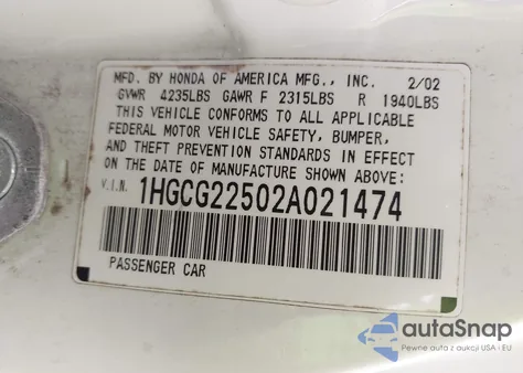 2002 Honda Accord 3.0 Ex from USA, damaged, VIN 1HGCG22502A021474